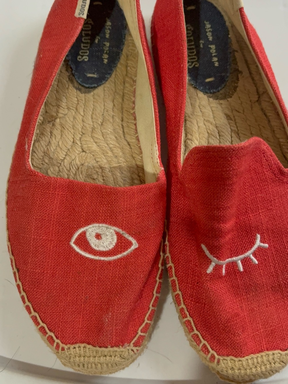 Soludos Red Canvas Espadrilles with Eye Embroidery
